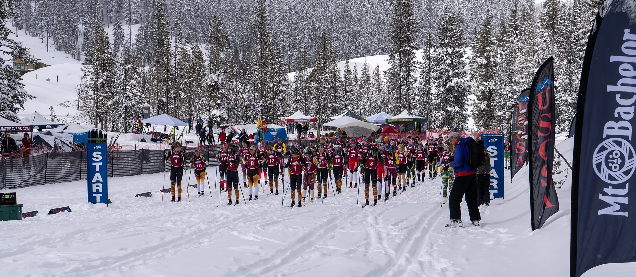 The start of women's 15 km classic ski race at USCSA Nationals in Bend, OR, March 15, 2025