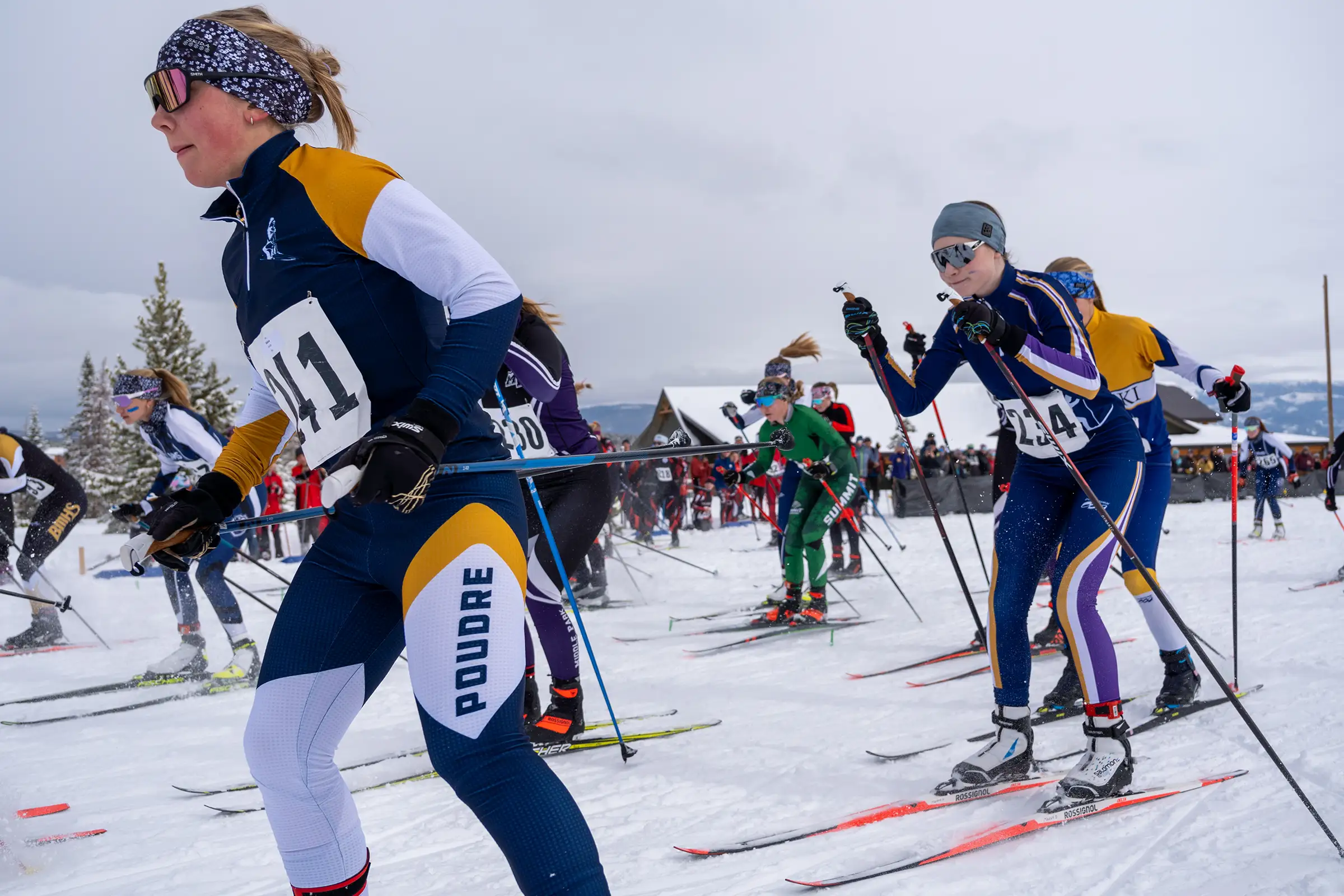 High school Nordic racers at Snow Mountain Ranch during CMU Invitational in 2025