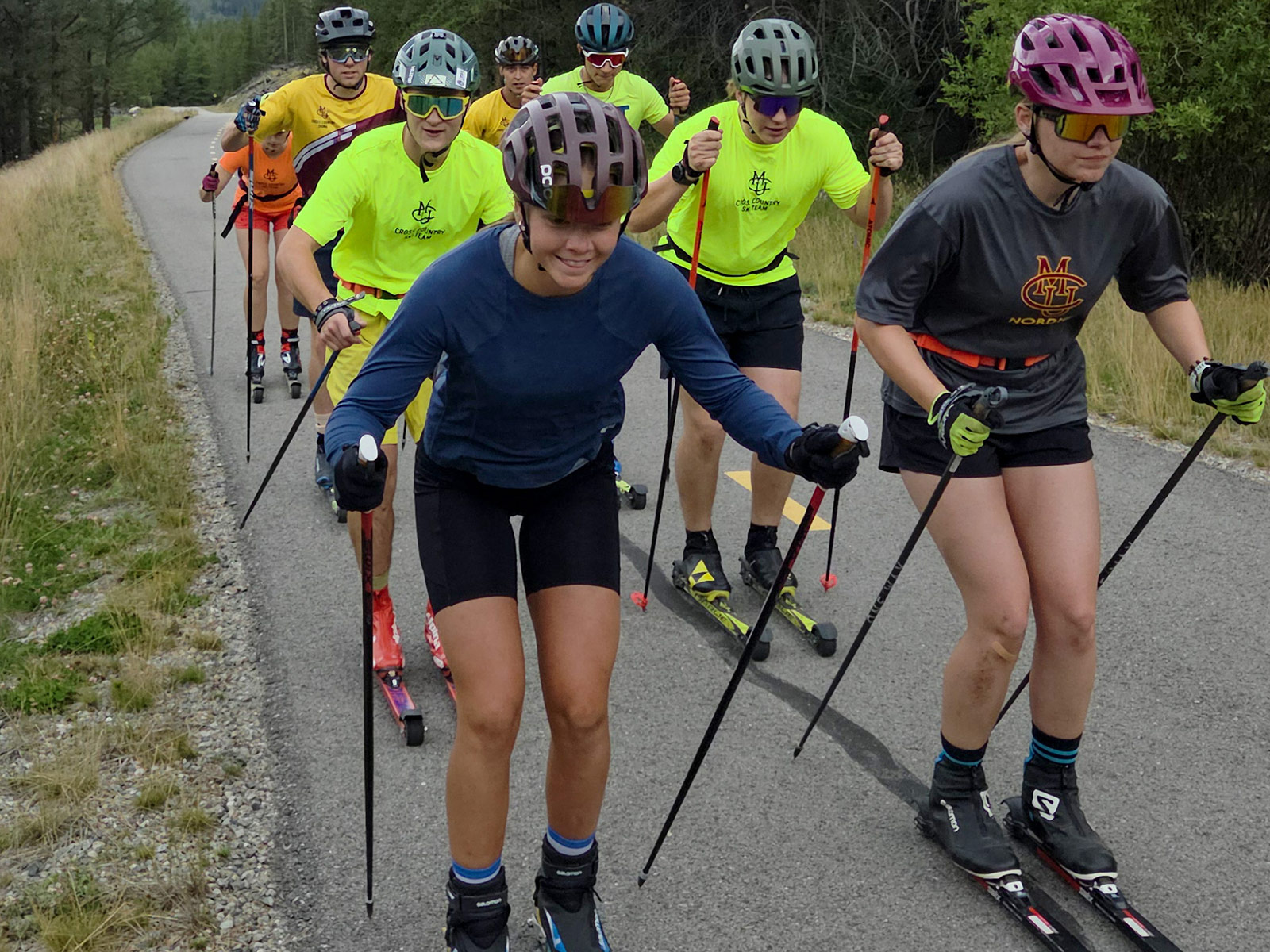 CMU Cross Country Ski Team student-athletes rollerski training