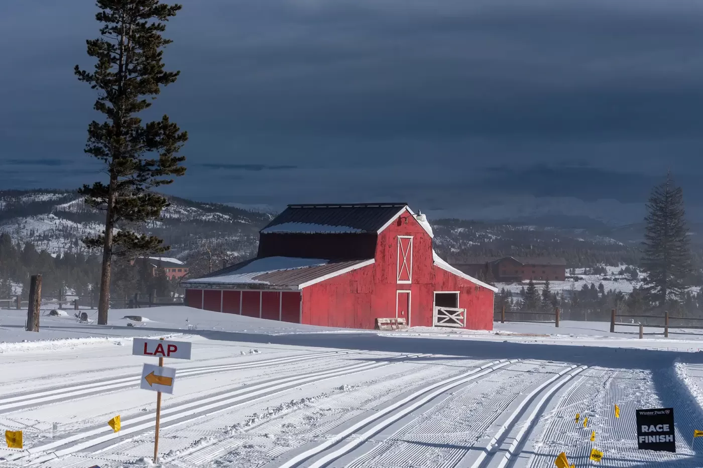 Photo of college ski race course for the USCSA race at Snow Mountain Ranch in January 2024.