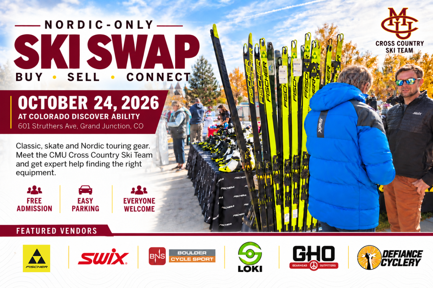 Free Nordic-only Ski Swap on October 24, 2026, in Grand Junction, with cross country ski gear and expert fitting assistance from CMU athletes.