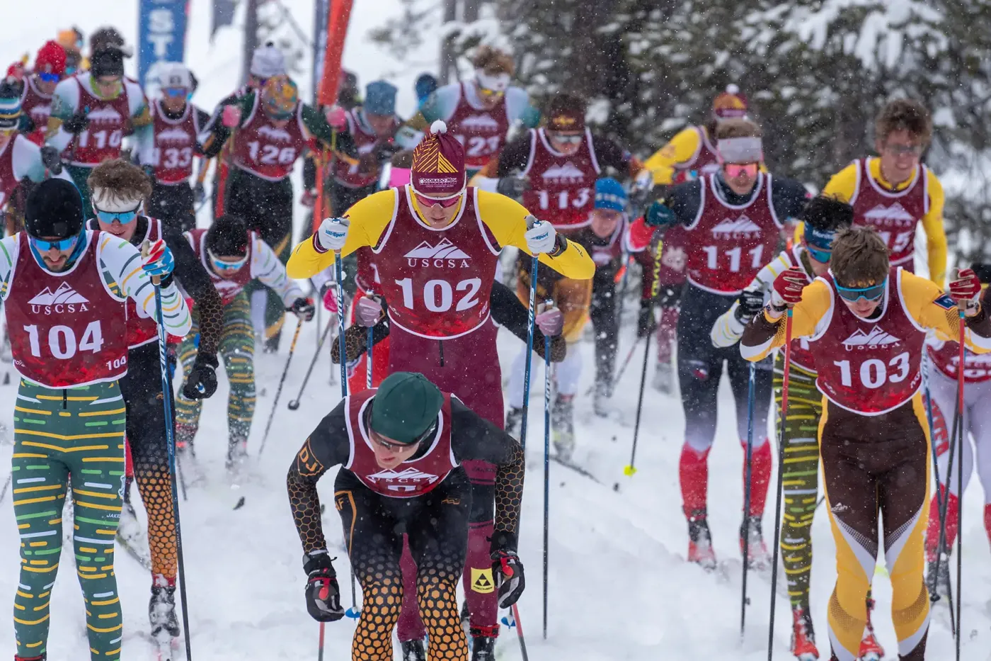 The start of the men's 15K classic race, USCSA Nationals in Bend, Oregon, March 2025