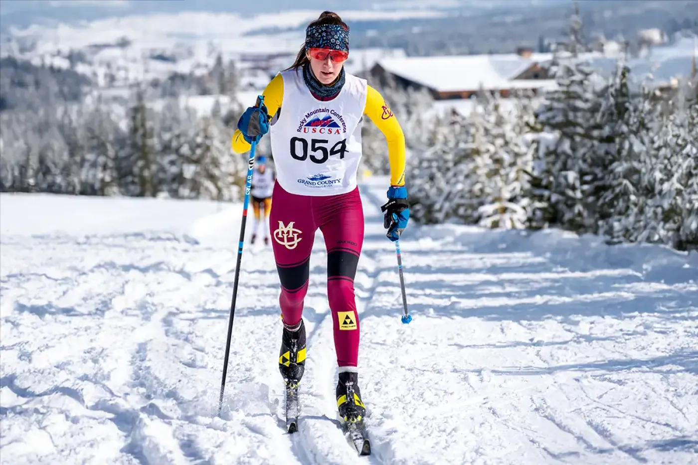 CMU athlete in a ski race