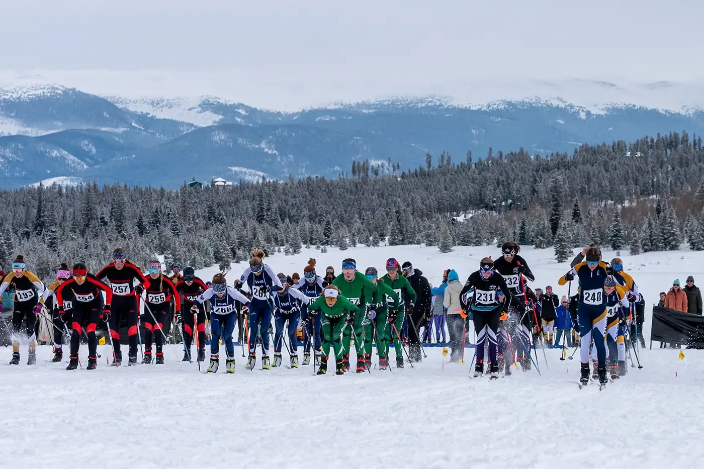 High school Nordic racers at Snow Mountain Ranch during CMU Invitational in 2025